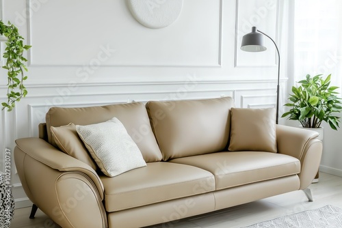 Elegant and cozy living room with a beige leather sofa, white walls, minimalist plant decor, and a stylish lamp photo