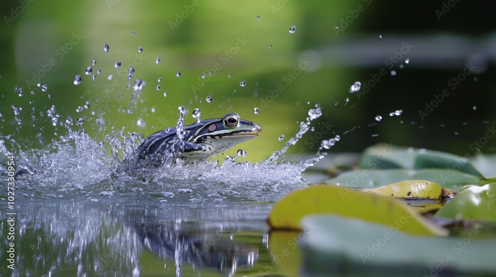 Frog Splashing in Pond with Lily Pads and Reflections