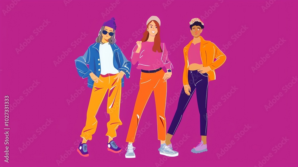 A group of five cartoon people standing in a row against a magenta background. A group of five cartoon people standing in a row against a magenta background.