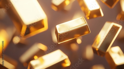 A 3D render of gold bars floating in mid-air, with soft light creating reflections and shadows, symbolizing the abstract concept of wealth and financial stability