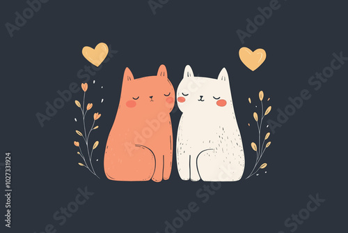 Adorable vector design depicting two cute cats sitting closely with hearts and floral elements, conveying a sense of love and friendship. Perfect for Valentine's Day or romantic themes.