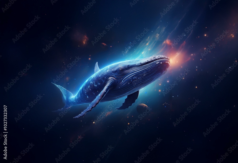 Naklejka premium A glowing blue whale swims through a cosmic space filled with stars and planets.