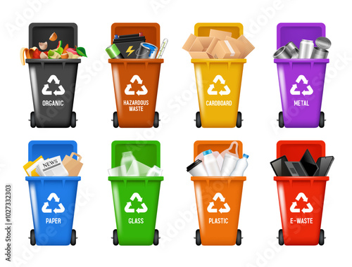 Recycling Bins. Containers for different types of garbage. Containers of different colors. Set of vector 3D illustrations