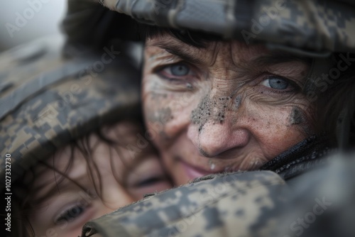 Emotional reunion of military personnel with family after deployment photo