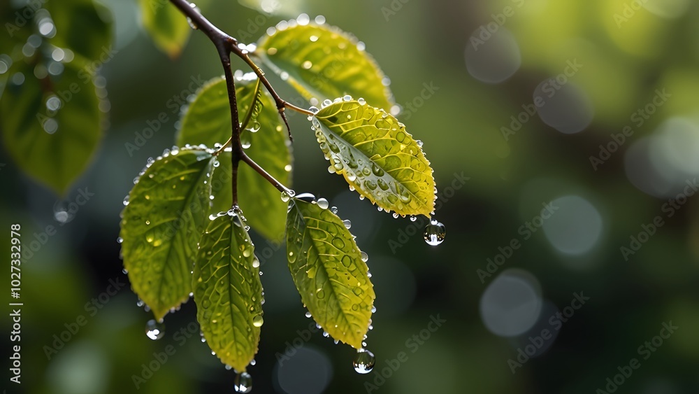 Dew-Covered Green Leaves in Morning Light Dew-Covered Green Leaves in Morning Light