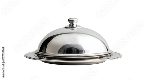 Silver serving cloche raised above empty silver plate isolated on white