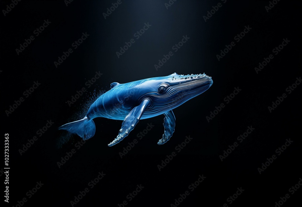 A blue whale swims in a dark abyss, illuminated by a single spotlight. A blue whale swims in a dark abyss, illuminated by a single spotlight.