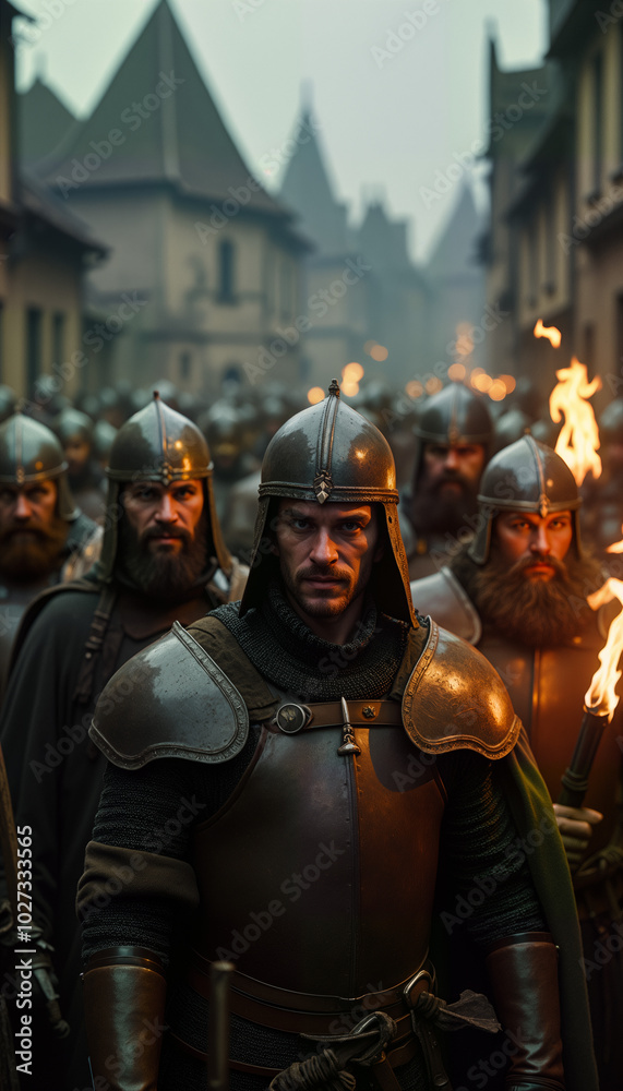 This powerful image showcases a group of medieval warriors in armor, holding torches and ready for battle. Ideal for themes of history, fantasy, and epic storytelling or education materials This powerful image showcases a group of medieval warriors in armor, holding torches and ready for battle. Ideal for themes of history, fantasy, and epic storytelling or education materials