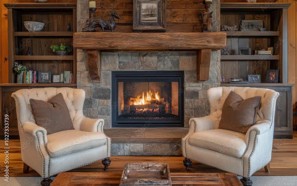 Fototapeta premium Side perspective of the fireplace area, showing the arrangement of the two farmhouse chairs in front of the fireplace. 
