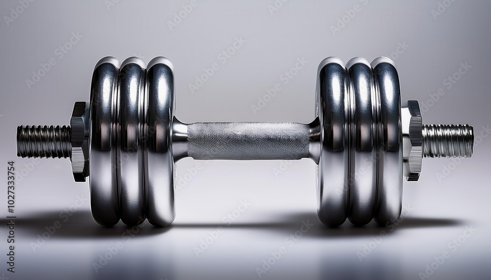 Naklejka premium Shiny Metal Dumbbell with Knurled Grip and Adjustable Weights for Strength Training and Fitness, Ideal for Gym, Home Workouts, or Professional Bodybuilding Equipment