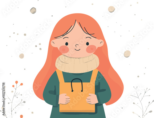 A delightful vector illustration of a young girl holding a gift bag, surrounded by a wintery theme. The image features warm colors, evoking a sense of joy and seasonal festivity.