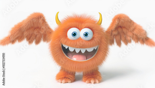 Adorable orange monster with wings and horns, playfully smiling. A cute 3D character design, full of joy and whimsy!