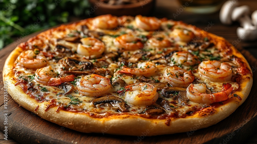 A delicious pizza topped with shrimp and mushrooms, served on a wooden board. A delicious pizza topped with shrimp and mushrooms, served on a wooden board.