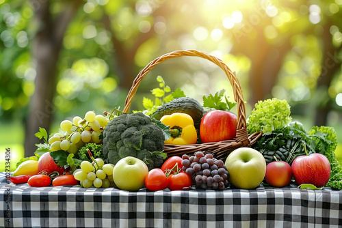 A vibrant and fresh display of assorted fruits and vegetables in a wicker basket on a gingham tablecloth