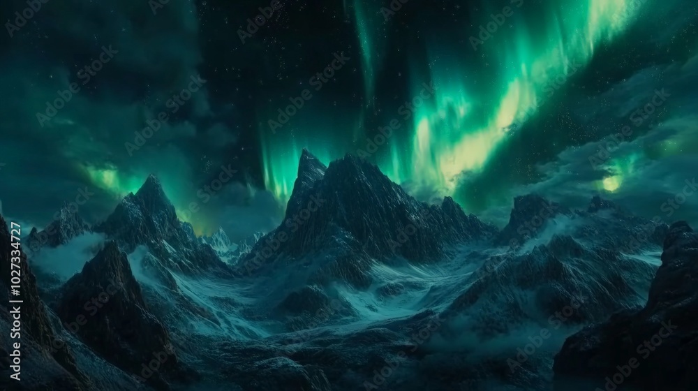 Obraz premium Majestic Northern Lights Dance over Rugged Mountain Peaks