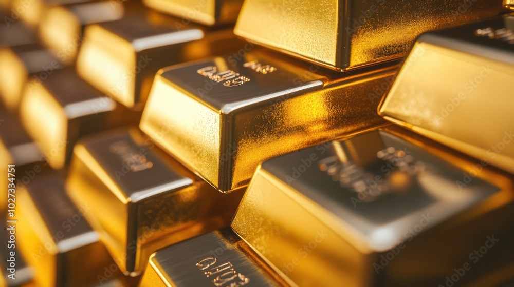A close-up shot of a stack of shiny gold bars neatly arranged, each engraved with purity and weight markings, reflecting light in a clean, secure vault environment A close-up shot of a stack of shiny gold bars neatly arranged, each engraved with purity and weight markings, reflecting light in a clean, secure vault environment