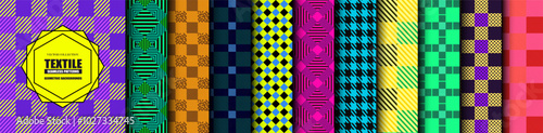 Collection of bright colorful seamless cloth patterns. Simple geometric striped textures - repeatable fabric hipster backgrounds. Multicolor unusual design, trendy textile funky cool prints