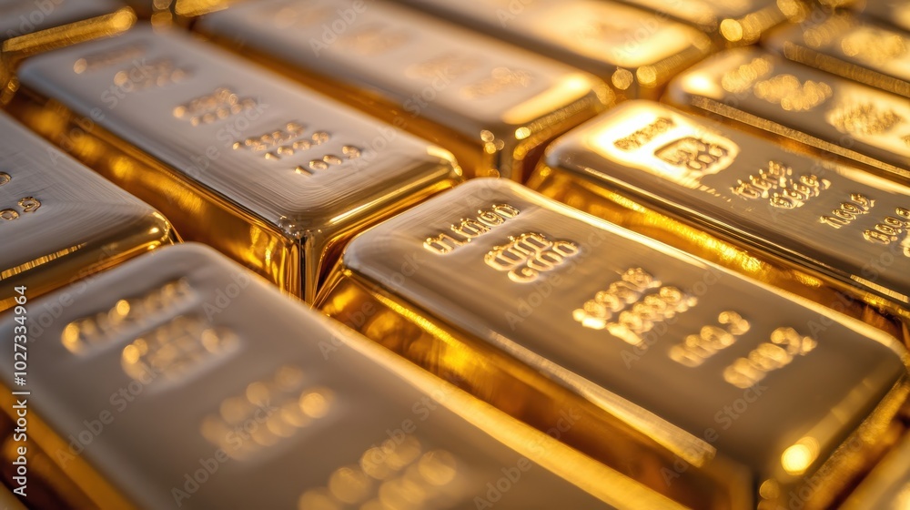 A close-up shot of a stack of shiny gold bars neatly arranged, each engraved with purity and weight markings, reflecting light in a clean, secure vault environment A close-up shot of a stack of shiny gold bars neatly arranged, each engraved with purity and weight markings, reflecting light in a clean, secure vault environment