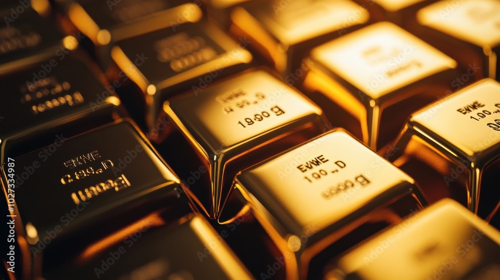 A close-up shot of a stack of shiny gold bars neatly arranged, each engraved with purity and weight markings, reflecting light in a clean, secure vault environment A close-up shot of a stack of shiny gold bars neatly arranged, each engraved with purity and weight markings, reflecting light in a clean, secure vault environment