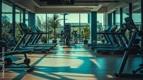 Interior of a modern fitness hall with equipment. Toned image