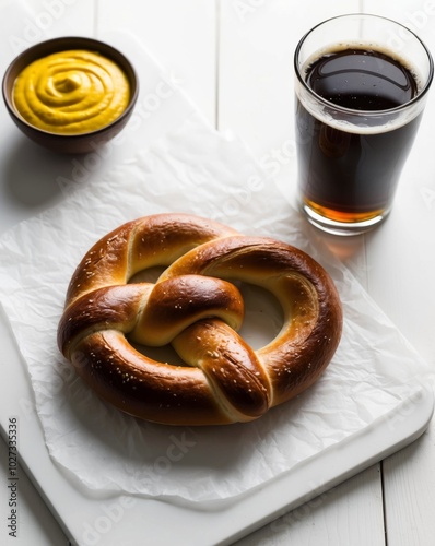 Fresh Pretzel with Beer and Mustard Sauce. photo