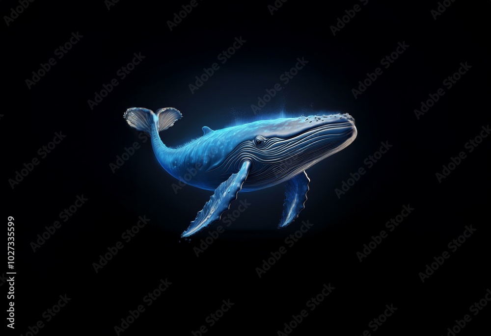 A blue whale swims upward with a glowing outline against a black background. A blue whale swims upward with a glowing outline against a black background.