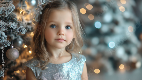 little girl in a white dress smiling at the decorated Christmas tree in room