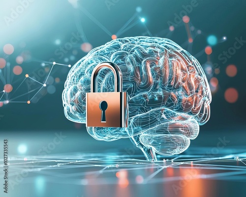 Digital brain with padlock symbolizing security in neural networks.