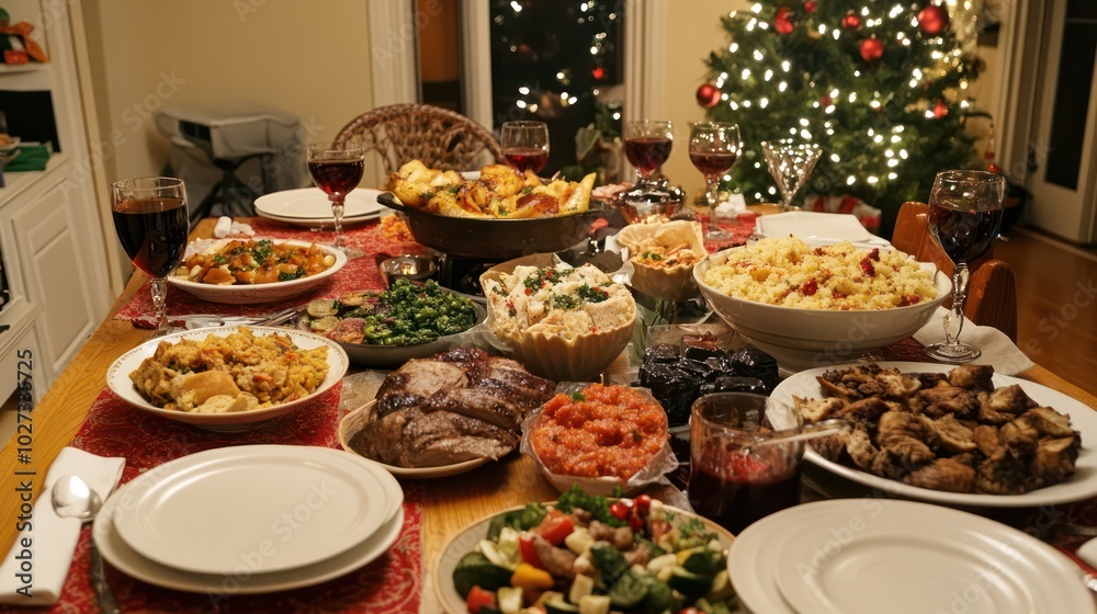 A multicultural Christmas dinner featuring foods from Asia, Africa, and Latin America, reflecting global holiday customs A multicultural Christmas dinner featuring foods from Asia, Africa, and Latin America, reflecting global holiday customs