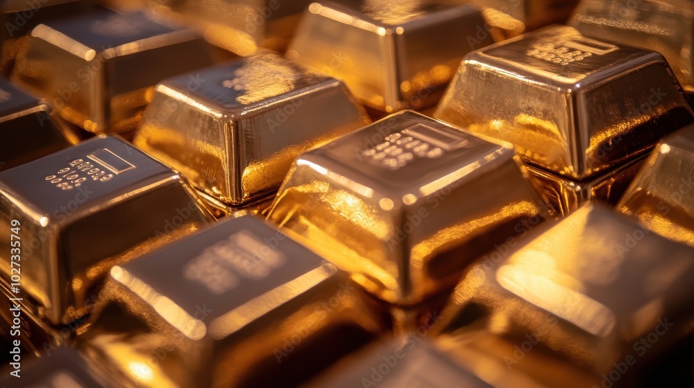 A close-up shot of a stack of shiny gold bars neatly arranged, each engraved with purity and weight markings, reflecting light in a clean, secure vault environment A close-up shot of a stack of shiny gold bars neatly arranged, each engraved with purity and weight markings, reflecting light in a clean, secure vault environment