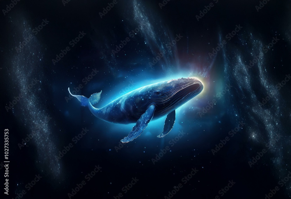 Fototapeta premium A whale swims through a dark blue, glittering space with streaks of light.