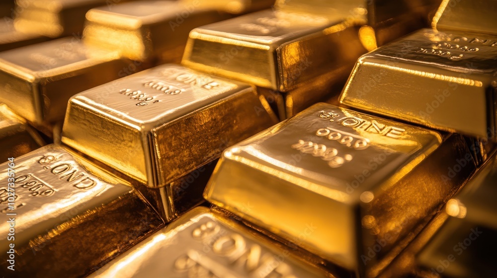 A close-up shot of a stack of shiny gold bars neatly arranged, each engraved with purity and weight markings, reflecting light in a clean, secure vault environment A close-up shot of a stack of shiny gold bars neatly arranged, each engraved with purity and weight markings, reflecting light in a clean, secure vault environment