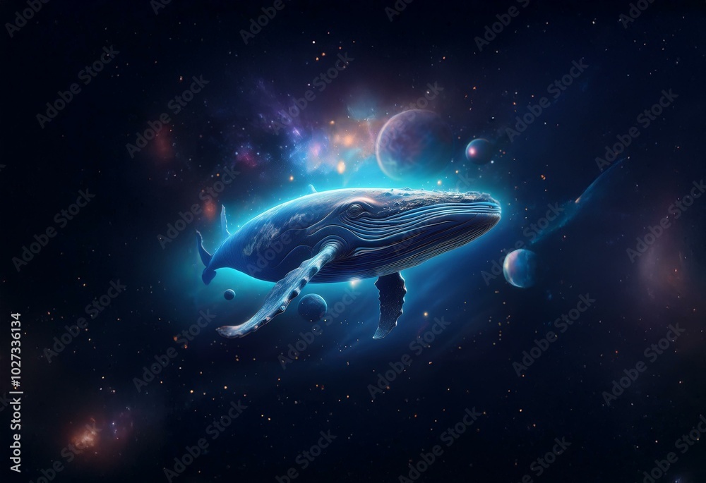 A whale swims through a vast, starry space with several planets visible in the distance.