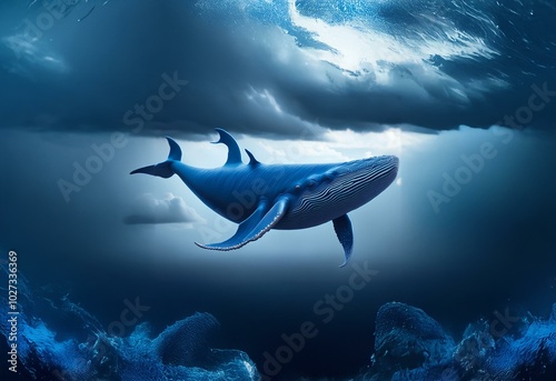 A whale swims through the deep ocean water. The whale is a dark blue color, and it has a light blue spot on its back. photo