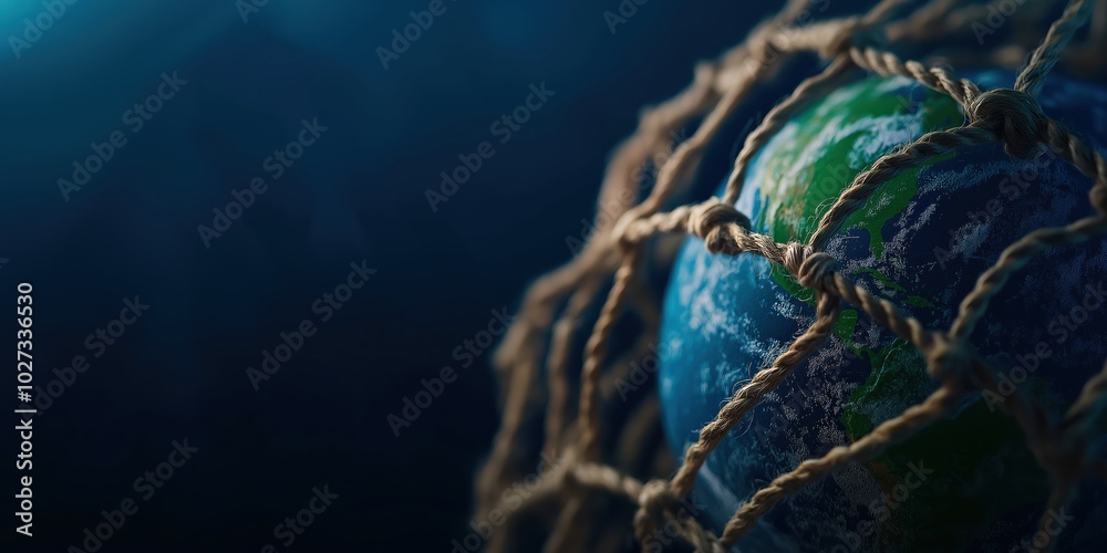 A globe representing Earth encased in intersecting ropes, conveying the ...
