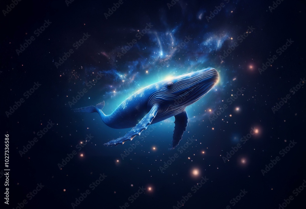 A blue whale swims through a starry sky with clouds of light. A blue whale swims through a starry sky with clouds of light.