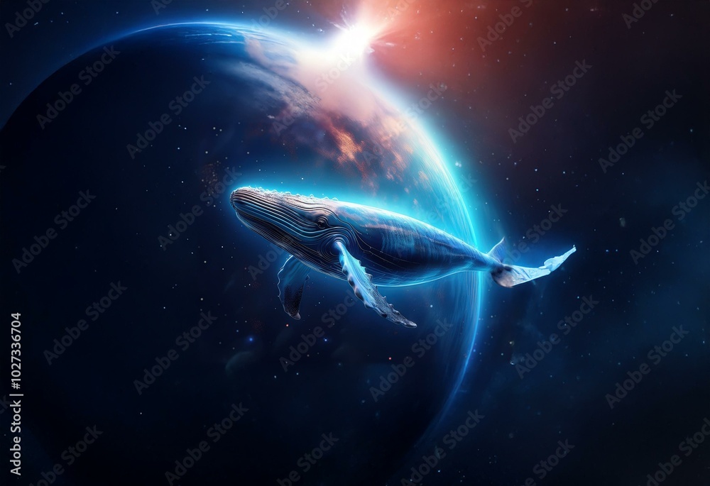 Naklejka premium A whale swims in front of a planet in the cosmos. The whale is made of glowing lines, and the planet is blue and white.