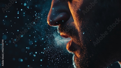 A close-up of a man sneezing with droplets visible in the air, highlighting the spread of germs and the importance of covering oneâ€™s mouth during cold and flu season photo