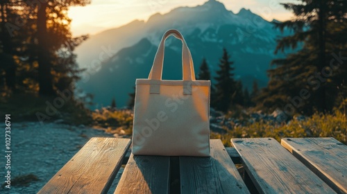 A Beige Tote Bag on a Wooden Bench with Mountainous Background photo