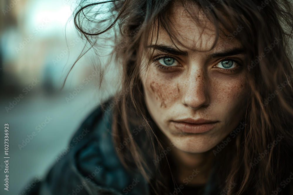 Young woman with intense eyes and bruised face, conveying a powerful sense of resilience and emotional struggle in an outdoor setting Young woman with intense eyes and bruised face, conveying a powerful sense of resilience and emotional struggle in an outdoor setting