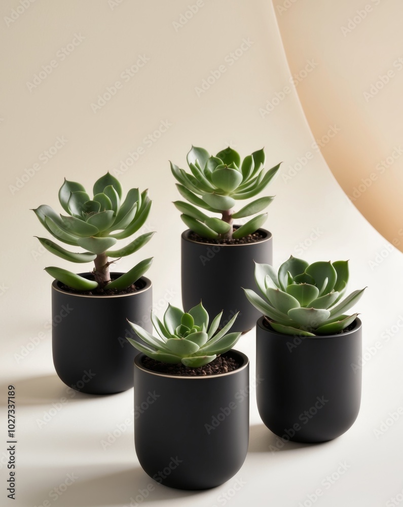 Four Succulents in Black Pots on a Beige Background. Four Succulents in Black Pots on a Beige Background.