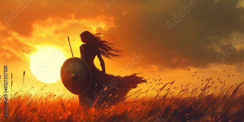 Silhouette of a warrior woman holding a shield, walking in a field at sunset, symbolizing strength and resistance