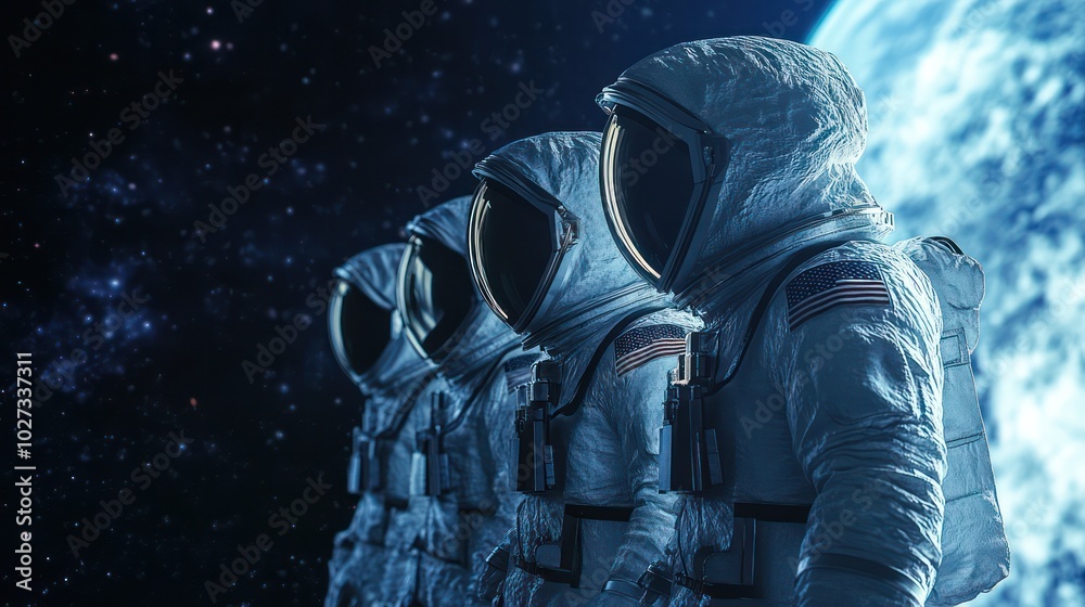 Fototapeta premium A multicultural team of astronauts from Asia, Africa, and Latin America preparing for a mission to explore the cosmos