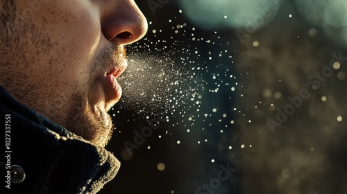 A close-up of a man sneezing with droplets visible in the air, highlighting the spread of germs and the importance of covering oneâ€™s mouth during cold and flu season photo