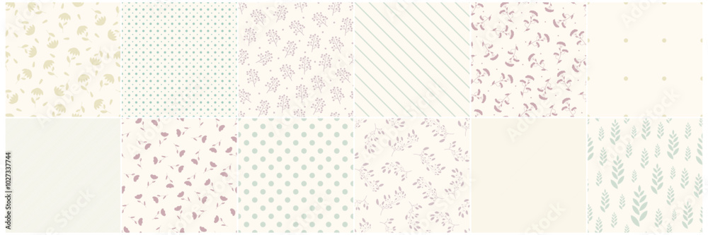 Collection of neutral seamless floral and geometric simple patterns - drawing design. Repeatable spring nature delicate backgrounds with flowers, dots and stripes. Textile endless prints Collection of neutral seamless floral and geometric simple patterns - drawing design. Repeatable spring nature delicate backgrounds with flowers, dots and stripes. Textile endless prints