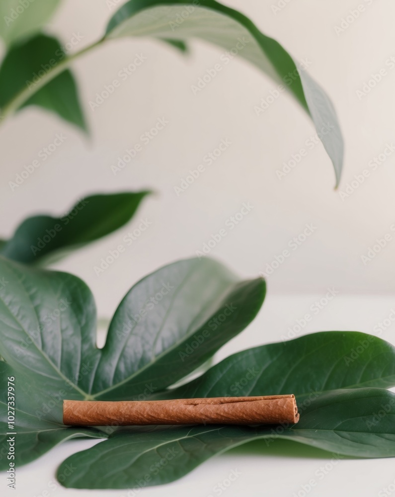 Obraz premium Cinnamon Stick Resting on Lush Green Leaves.