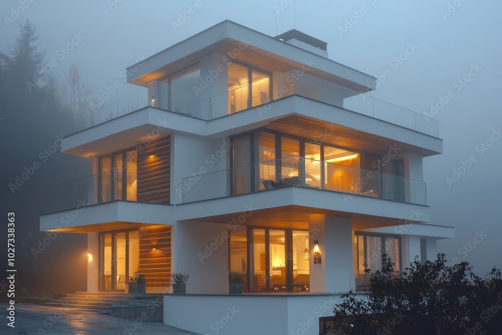 Luxurious two-story house with modern white walls, wood accents, and a warm glow from inside on a foggy evening Balcony views