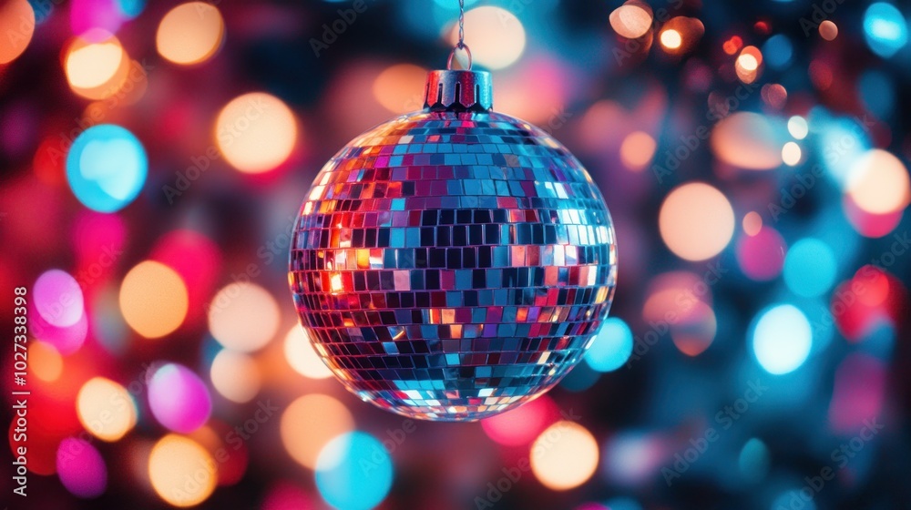 A Shiny Disco Ball Hanging Against a Background of Colorful Blurred Lights A Shiny Disco Ball Hanging Against a Background of Colorful Blurred Lights