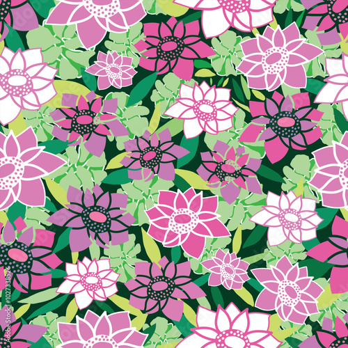 colorful pink, violet, green, white flowers with line an art and lots of leaves seamless pattern