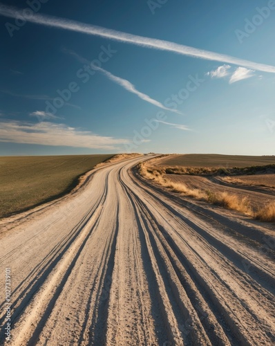 Dusty dirt road winding through a rural landscape under a blue sky in the afternoon sun. photo